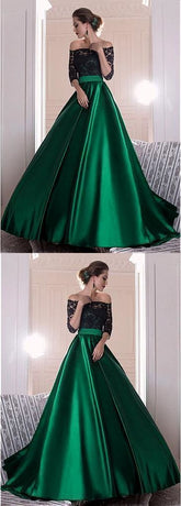 Most Popular Hunter Green Off shoulders Long Prom Dress with Black appliques,GDC1036-Dolly Gown